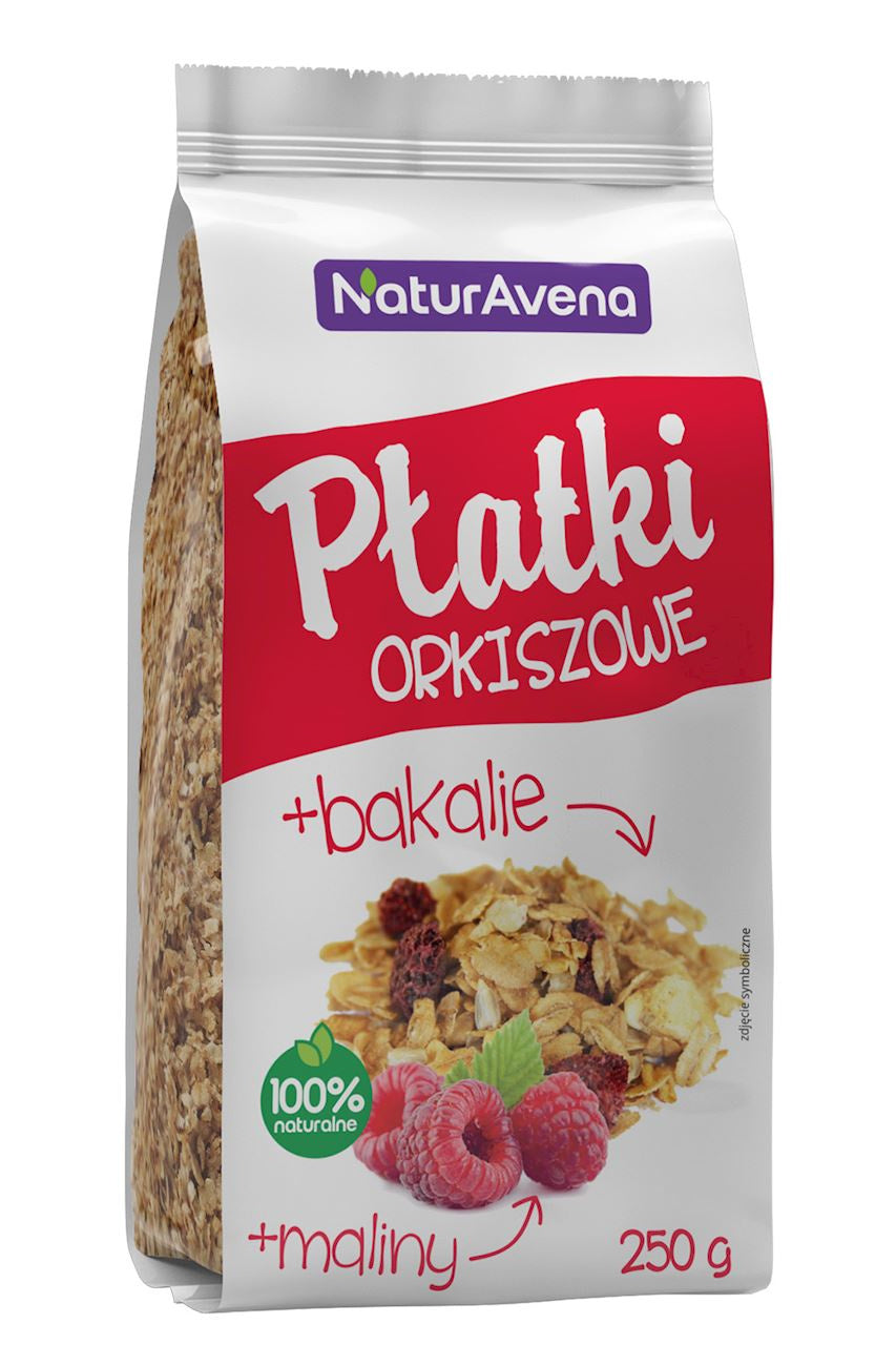 Płatki Orkiszowe z Owocami Tropikalnymi, Słonecznikiem i Malinami (6 szt x 200 g)